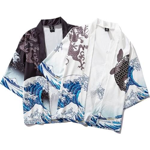 Black Kimono Cardigan Women Men Japanese Obi Male Yukata Mens Haori Japanese Wave Carp Print Coat Traditional Japan Clothing