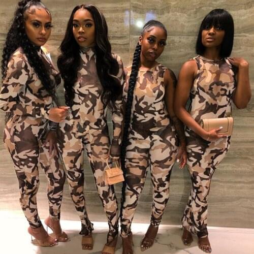 Casual Camouflage Print Body Romper Women Jumpsuit Sexy Sportswear Long Sleeve Bodycon Stand Collar Jumpsuit Women Overalls
