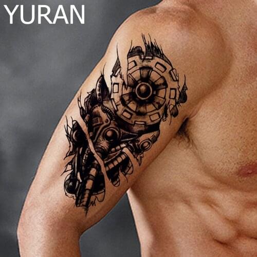 Men Fashion Robotic Arm Tattoos Temporary Black Fake Wheel Women Leg Tatoos Stickers Tribal Tatoos Sleeve Water Transfer Decal