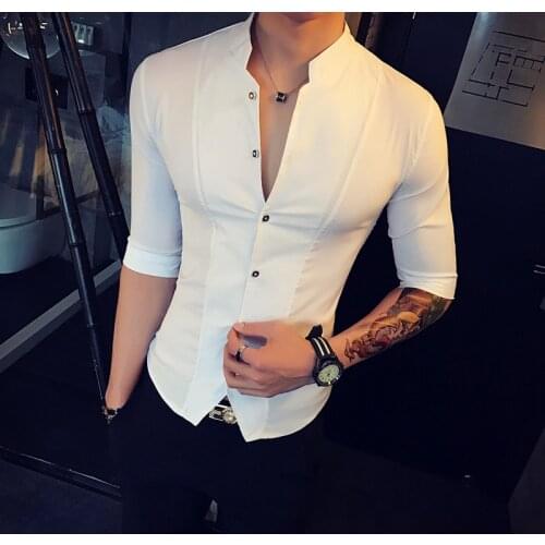 Men Slim Fit Shirt Hot Fashion Tight Sexy Korea Style Half-Sleeve Male Club Party Casual Travel Male High Quality Cotton Clothes
