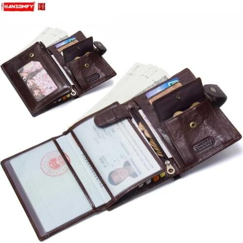 Mens Passport Bag Genuine Leather Short Wallet Multi-function Buckle Document Folder Card Holder Wallets Crazy Horse Leather