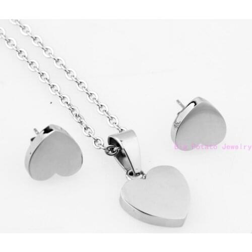 Popular 316L Stainless Steel Womens Girls Silver Color Romantic Heart Necklace Chain And Earrings Fashion Jewelry Sets Gift