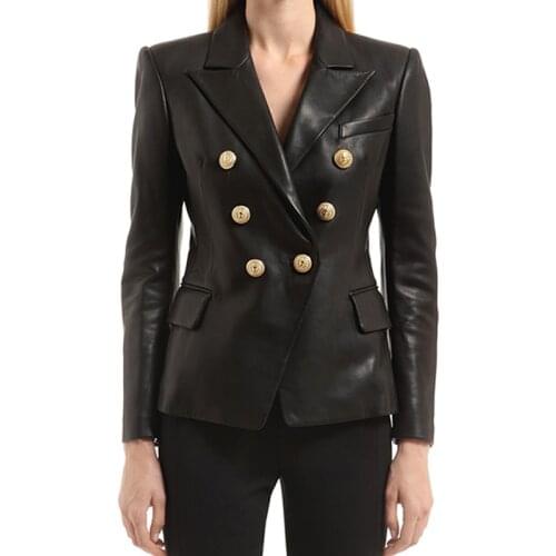 Plus Size 2021 Fall Winter Runway Office Women Coat Full Sleeve Lion Double Breasted High Quality Faux Leather Slim Black Jacket