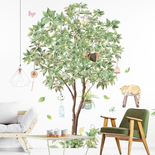 Modern Green Trees Wind Chimes Wall Stickers Living Room Decoration TV Sofa Backdrop Cat Decals Bedroom Decor Pastoral Wallpaper