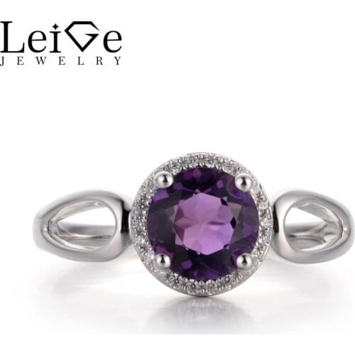 Leige Jewelry Natural Amethyst Purple Color Gemstone Round Cut Engagement Romantic Halo Rings For Woman February Birthstone
