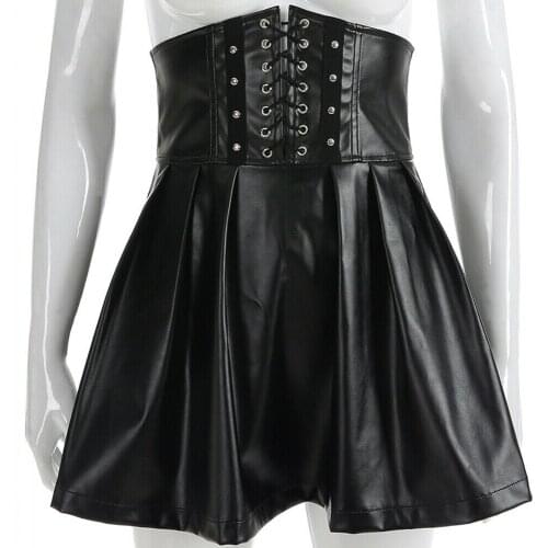 Womens High Waist PU Leather Skirts Bandage Belt Fashion Tight Mini Pleated Skirts Harajuku Party Sexy Clubwear Hollow
