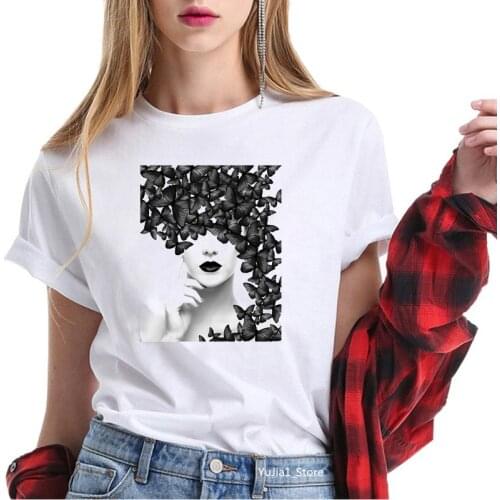 Ropa mujer 2021 vintage butterflies and lady print t shirt summer top tee shirt femme white short sleeve tumblr streetwear
