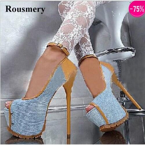 New Fashion Women Sexy Open Toe Denim Ankle Strap High Platform Pumps Charming Blue Jean Super High Heels Formal Dress Shoes