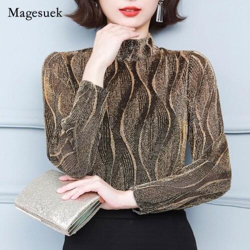 Women Elegant Sexy Splicing Tops Vintage Autumn Winter 2021 New Mesh Long Sleeve T-shirt Half High Collar Blouse Blusa 16726