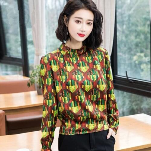 Womens Spring Summer Style Ice Silk Blouses Shirt Womens Turtleneck Long Sleeve Printed Button Korean Casual Tops SP8739