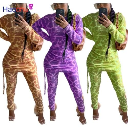 2020 Leopard Fashion Women Ruched Two Piece Shirt Outfits Long Sleeve O-neck long Drawstring top +long pants Tracksuits