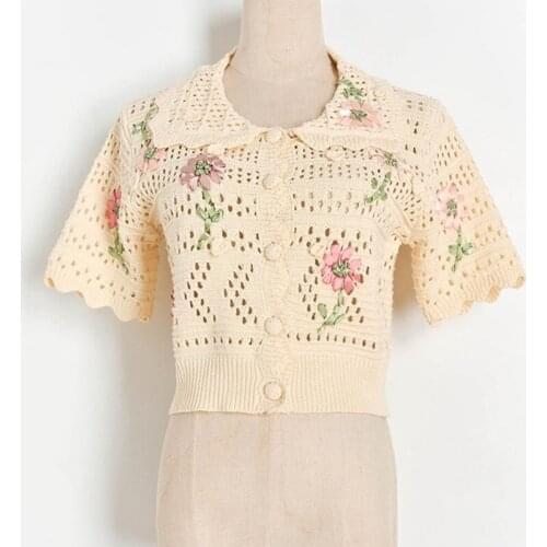 Sweet Flower Embroidery Cardigan Sweater Women Short Sleeve Single Breasted Ladies Hollow Out Vintage Short Coat Knit Crop Top