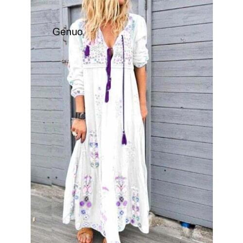 Genuo Bohemian Flower Printed Long Dress Fashion Drawstring Lace Long Sleeve Dresses Big Size 5XL 2020 New