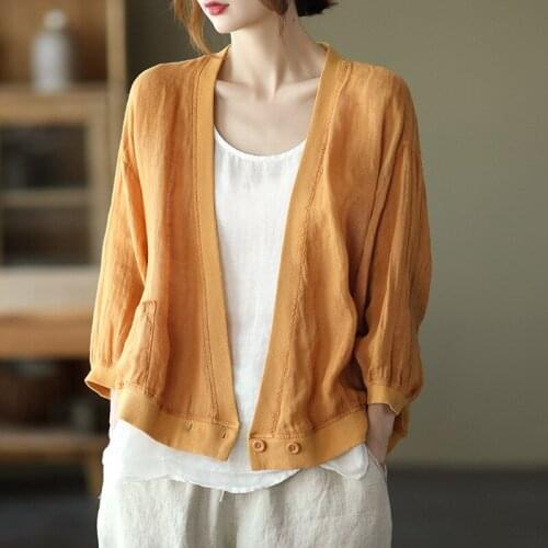 Johnature Women Linen Short Coat Vintage V-Neck Long Sleeve Solid Color Loose Clothing 2021 Autumn New Button Simple Cardigan