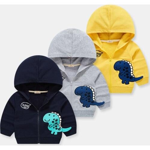 27kids Autumn Newborn Baby Boy Jacket Cute Dinosaur Coat Cartoon Cotton Trench Clothes Tops Hooded Windbreaker Outerwe 2-9Years