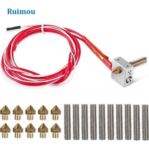 3DPrinter Extruder Hot End Kit with MK8 Extrusion Head Kit-10pcs0.4mmNozzle-10pcs 30mm Line Pipe-Aluminum Heating Block-12VRod