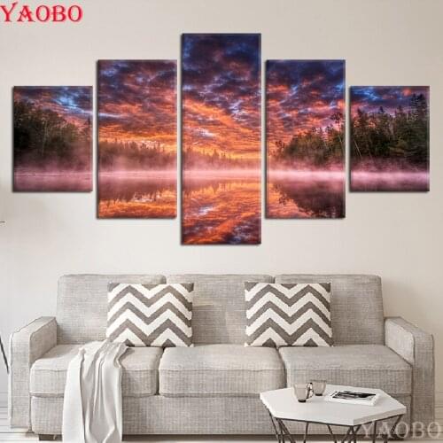 5d diamond painting full square round cross stitch 5 Pieces Tree Forest Scenery diamond Embroidery mosaic pictures rhinestone