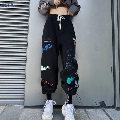 Egirl Pants Women Gothic Punk Cargo Pants Fashion Cartoon Print Harajuku Trousers Print Casual Hip Hop Sweatpants Alt Trend