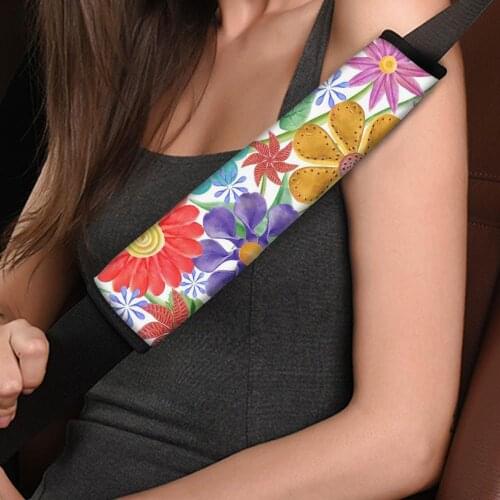 INSTANTARTS Colorful Stylish Tropical Flower Car Seat Belt Covers for Women Comfortable Seat Belt Sets Covers Safety Belt Cover