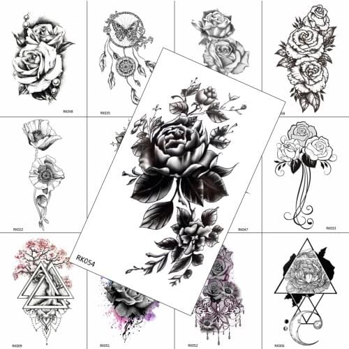 Black Flower Fake Body Art Painting Arm Chest Tatoos Realistic Temporary Tattoos DIY Sticker For Women Waterproof Sheets Tattoo
