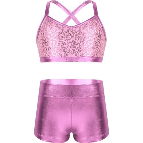 Kid Girl Party Ballet Dance Gymnastics Leotard Outfit Shiny Sequins Tank Crop Top Shorts Bottom Ballet Class Performance Clothes