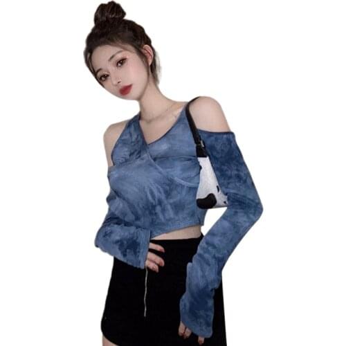 Womens V-Neck Tie-dyed Tops Tee Autumn Casual Sexy Navel Exposed Long-Sleeved T Shirt