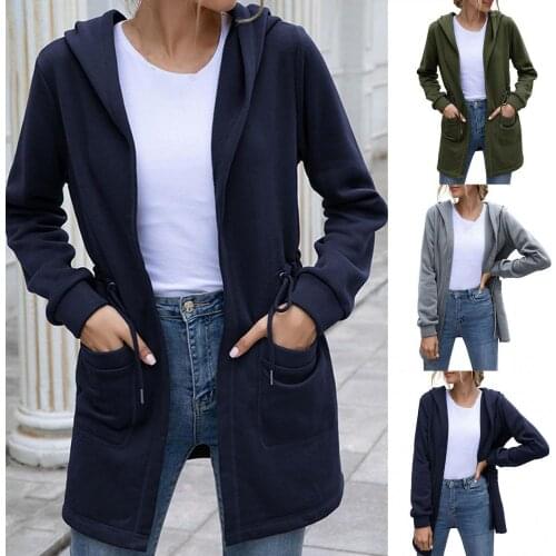 Women Autumn Winter Waist Drawstring Hooded Coat Open Front Mid-length Cardigan Fashion Casaul Lady Jacket Outwear Coat casaco