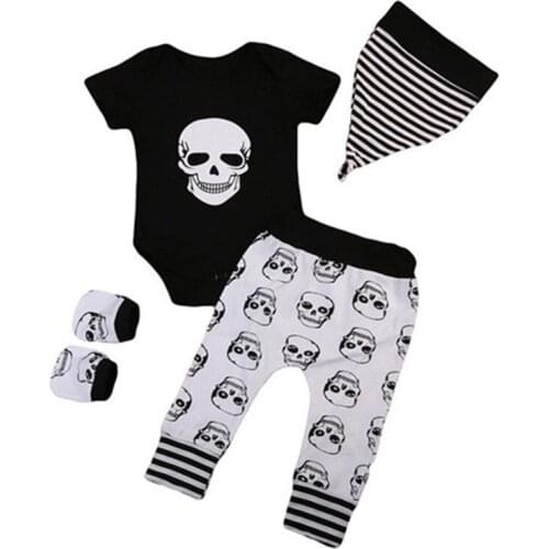 Newborn Baby Boy Skull Print Romper Tops+Long Pants Outfits Funny Clothes 0-18M Toddler Boy Clothes O-neck Short Sleeve Cotton