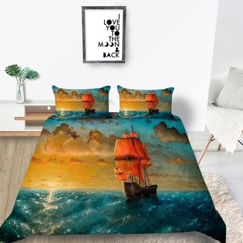 Oil Painting Bedding Set Sailboat On The Sea Duvet Cover Artistic Queen Twin Double Single King Sunset Bed Set Romantic