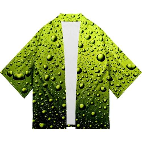 Japanese Green Water Drops Costume 3d Print Kimono Shirt Cool Hip Hop Men Seven Point Sleeve Tops Cardigan Jacket Streetwear 4XL