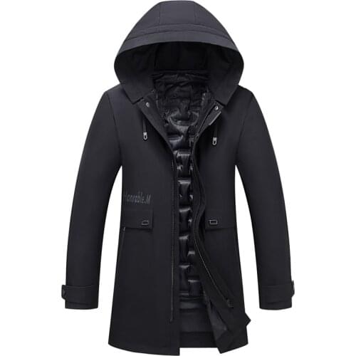 Liner Detachable Middle-aged Mens Winter Down Jacket Hooded Long Thick Windproof 90% White Duck Down Coat Male Outwear