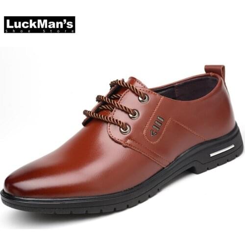 LuckMan 2018 Spring Summer Mens Leather Shoes Leather Business Dress Mens Shoes Pointed Casual Shoes Black Brown LMS026