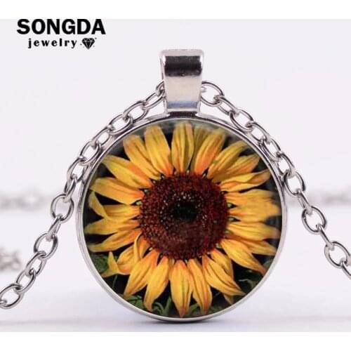 SONGDA 2018 Fashion Brand Gold Sunflower Necklace Jewelry Art Plant Flower Painting Glass Dome Pendant Necklace for Women Bijoux