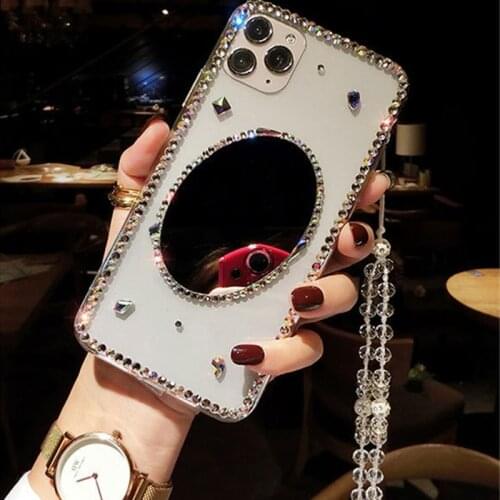 Fashion Bling Diamond Make Up Mirror Back Case Cover With Crystal Chain For Iphone 12 Mini 11 Pro XS Max XR X 8 7 6 6S Plus SE