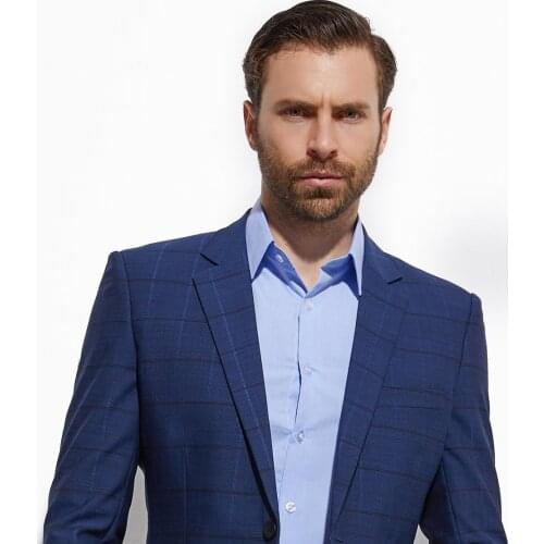 Custom Suits Men 2020 Fashion Smart Casual Dark Blue Plaid Suit Custom Made Slim Fit Dark Blue Windowpane Suits With Nailhead