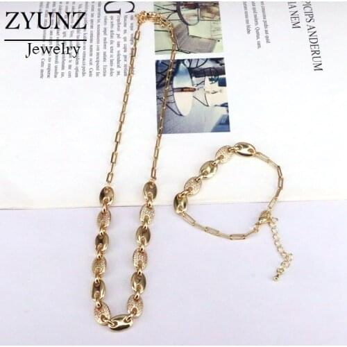 3 Sets, CZ Coffee Bean Gold Color Necklace Charm Link Chain Necklaces Bracelet for Women Jewelry