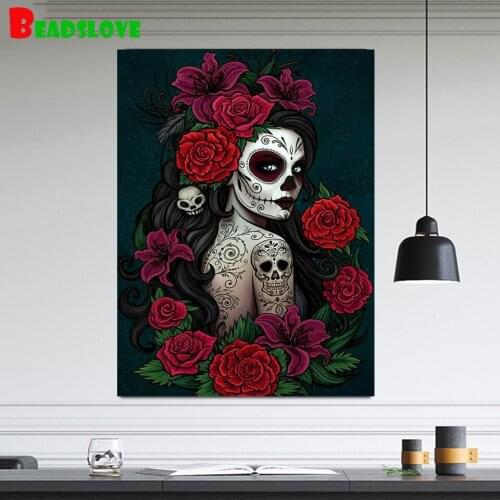 Full square round diy Diamond Painting rose SKull girl Cross Stitch 5D Diamond Embroidery Mosaic fantasy art Tattoo woman