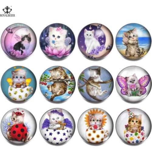 ROYALBEIER 12pcs/lot New Mix Colors Snap Buttons Beads 18mm Print Glass Cabochon Fit DIY Snap Jewelry Wholesale KZ1122