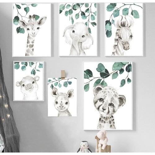 Safari Baby Animal Canvas Poster Nursery Giraffe Giraffe Wall Art Print Eucalyptus Animal Painting Nordic Kids Bedroom Pictures