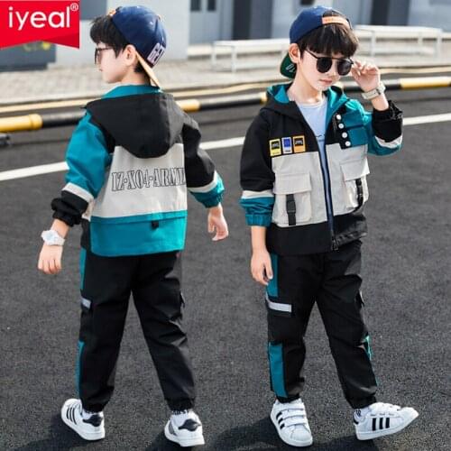 IYEAL Sports Suit for Boys 2PCS/Set Childrens Suit Cotton Hooded Jacket + Trousers Kids Sportswear Tracksuit Children Clothing