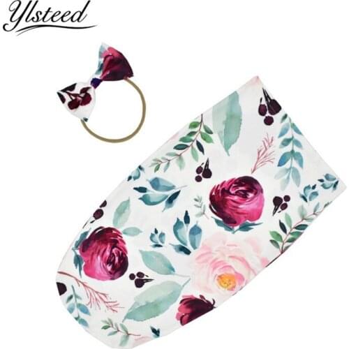 Ylsteed Newborn Swaddle Sack Floral Print Baby Swaddle Wrap with Matching Bow Headband Baby Sleep Sack Newborn Photography Props