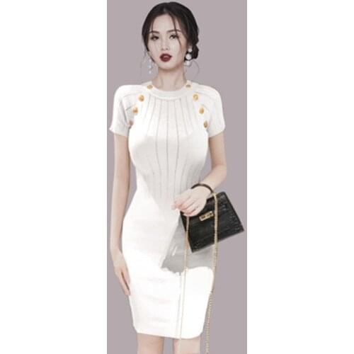 ZAWFL 2021 Summer Girls Fashion Sheath Short Sleeve Buttons Thin Dresses Tops Ladies Mini Patchwork Elastic Sweater Dress