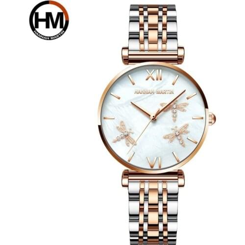 Hannah Martin Ladies Watch Japan Akoya Pearl Shell Dragonfly Ladies Luxury Diamonds Scallop Stainless Steel Watches for Women