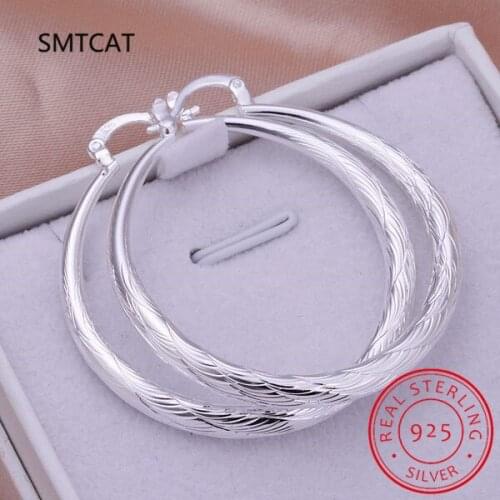 925 Sterling Silver Pattern Big Circle Hoop Earrings Women Party Gift Fashion Charm Wedding Engagement Jewelry