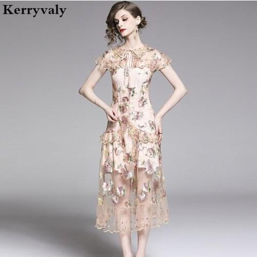 Women Sexy Embroidered Gauze Summer Dress Vestidos Verano 2021 Robe Vintage Flounced Midi Party Dress Sukienka K6622