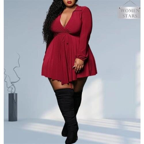 Plus Size Sexy Dress Women Wholesale Fall Clothes Solid Long Sleeve Deep V Neck Mini Dresses Club Birthday Outfits Dropshipping