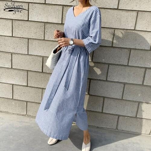 2021 Loose Vintage V-neck Half Sleeve Dress for Women New Summer Women Dress Striped Cotton and Linen Long Dress Vestidos 9679