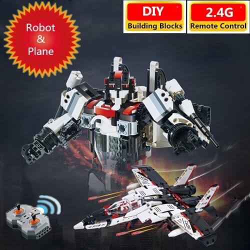 2.4G Remote Control Intelligent Smart Robot & Plane 2-IN-1 Building Block Assembly Toy With Fire Bullets RC Robot Fighter Gifts