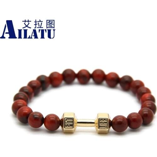 Ailatu Fashion Power Barbell Natural Red Wood Fitness Dumbbell Bracelet Hombre Bracciali Mens Elastic Bead Jewelry