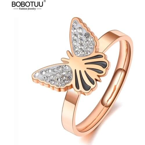 BOBOTUU Office/Career Style Titanium Stainless Steel Butterfly Party Rings Rose Gold Rhinestone Animal Ring For Women BR20014